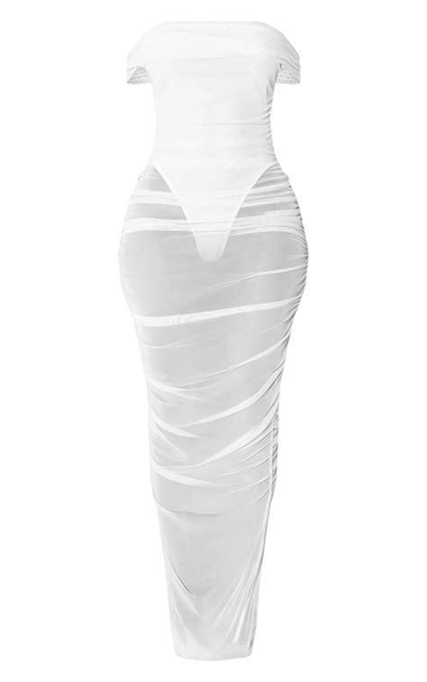 Shape White Mesh Ruched Bardot Midaxi Dress Prettylittlething