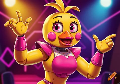 Animatronic Chica - Chica the animatronic chicken with a 'LET'S EAT!!!' bib and glowing ...