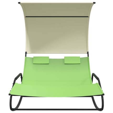 LEX Chaise longue double à bascule avec auvent Vert et crème Qqmora