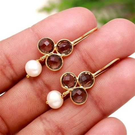 Smokey Quartz And Pearl Gold Earrings Sterling Silver Handmade