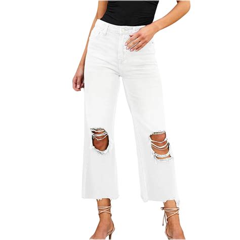 Apexfwdt Women S Wide Leg Jeans High Waist Distressed Hole Straight Leg