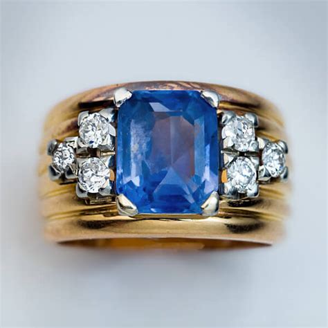 Vintage 3 Ct Blue Sapphire, Diamond and Gold Ring - Antique Jewelry ...