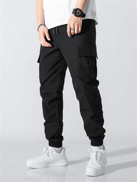 Black Street Collar Fabric Plain Cargo Pants Embellished Non Stretch