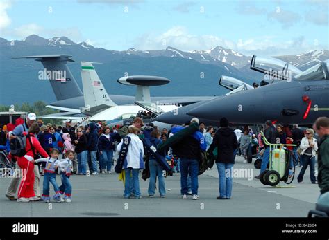 Spectators on tarmac, Anchorage air show, Elmendorf Air Force base ...