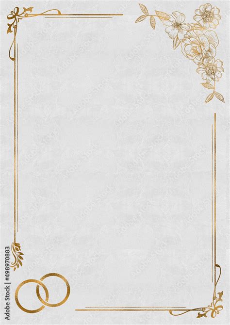 Wedding Invitation Background With Golden Floral Frame And Rings