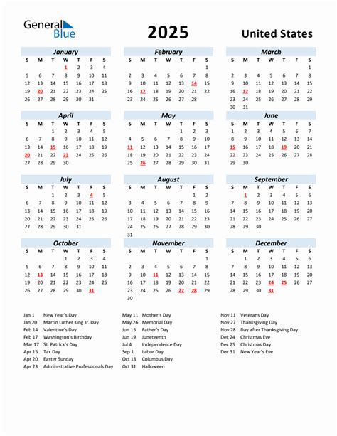 2025 Yearly Calendar For United States With Holidays