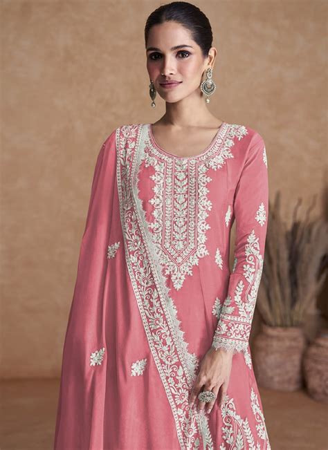 Shop Coral Pink Art Silk Embroidered Sharara Suit Party Wear Online At