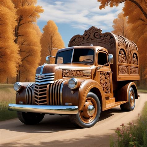 3D Wood Carving Of Vintage Chevrolet Truck On Rural Route Stable