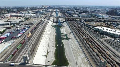 Wide Shot Of Dried Culvert Of Los Angeles River Ca Usa Stock Video