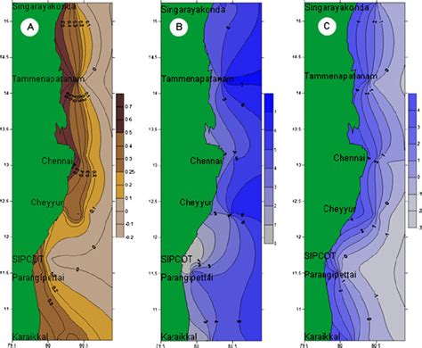 a Map of surface sediment of southeast coast of India. MPD was low in ...