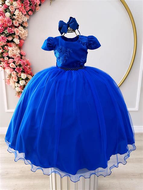 Vestido Infantil Azul Royal C Renda E Cinto De P Rolas Damas Rosa