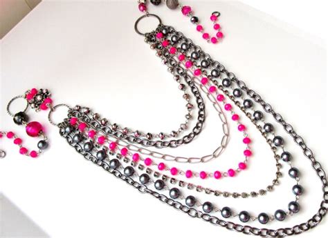 Items Similar To Multi Chain Hot Pink Long Beaded Necklace Tiered