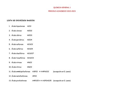 Lista De Oxo Cidos Y Nomenclatura Quimica General Periodo Academico