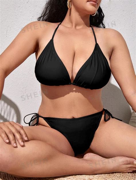 Shein Swim Curve Plus Minimalist Bikini Set Halter Triangle Bra Thong