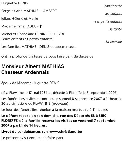 Avis De Décès De Albert Mathias Décédé Le 05 09 2007 à Floreffe