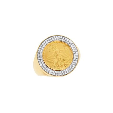 Jewelry Unlimited Mens 10k Yellow Gold Genuine Diamond 110 Oz Lady Liberty Coin Ring 12 Ct