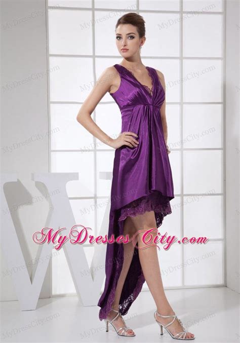 Custom Made V Neck Purple High Low Dress For Prom With Lace