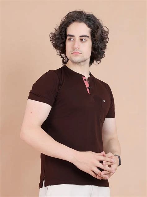 Plain Cotton Bbhs1003 Coffee Basic Henley Neck Half Sleeve T Shirt At