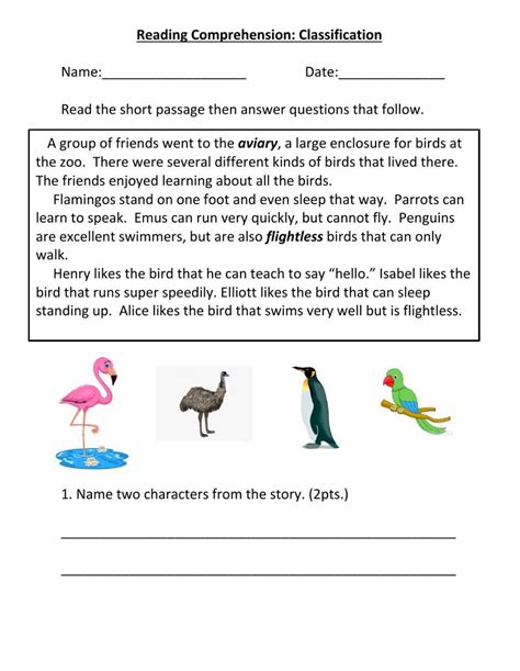 Reading Comprehension Story Elements Context Clues And Classification Worksheet Online