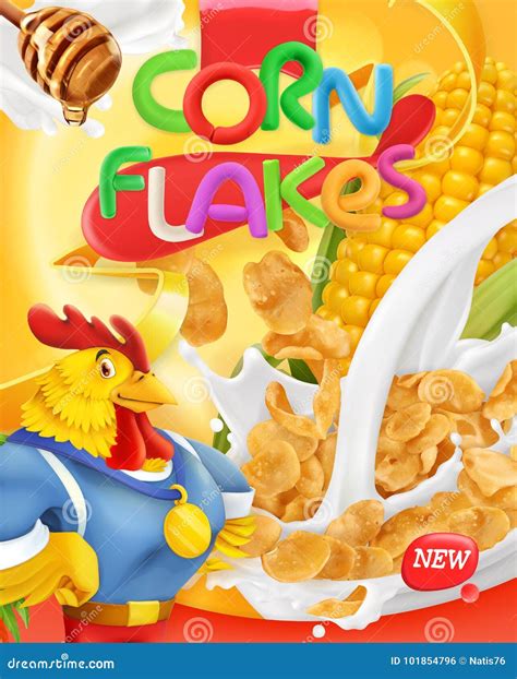 Corn Flakes Rooster Mascot Honey And Milk Splashes 3d Vector Package Design Stock Vector