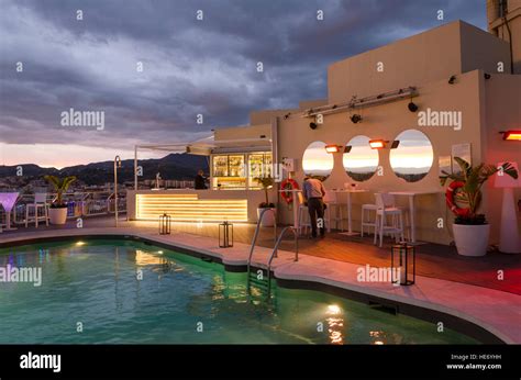 Rooftop Terrace of AC Hotel Malaga Palacio in Malaga, during sunset ...