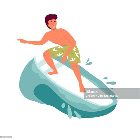 Vector Surfer Character With Surfboard Standing And Riding On Ocean