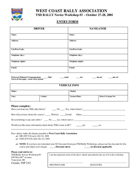 Fillable Online Tsd Novice Rally Entry Form Fax Email Print Pdffiller