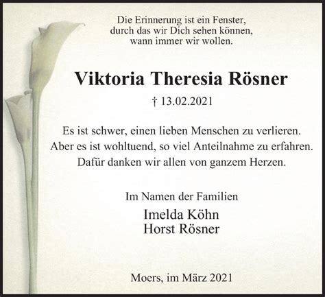 Traueranzeigen von Viktoria Theresia Rösner Trauer in NRW de