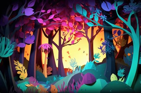 Una escena de dibujos animados de un bosque con hojas de colores en el ...