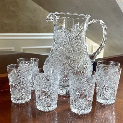 Crystal Cut Pitcher And Glasses Etsy