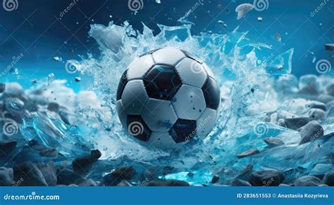 Soccer Ball Breaking through Ice with Splashes of Water on Blue ...