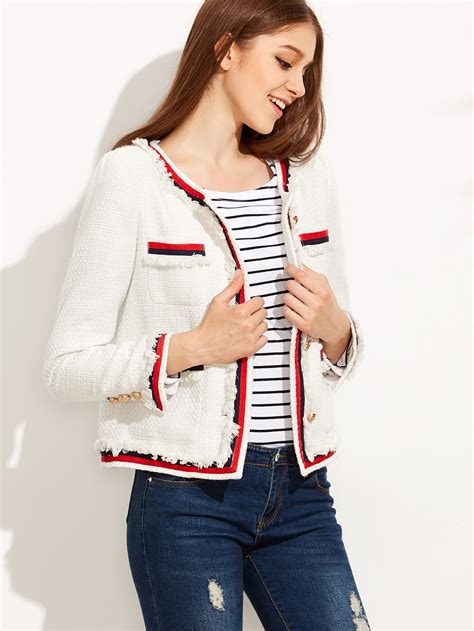 White Striped Trim Frayed Tweed Jacket Sheinsheinside