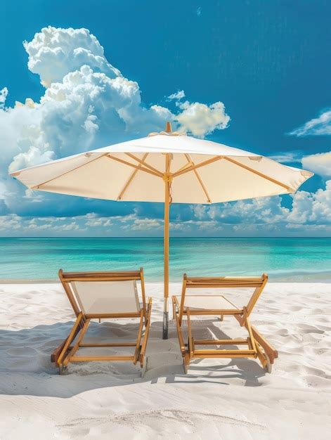 Premium Photo | Beach chairs and umbrella on a white sandy beach