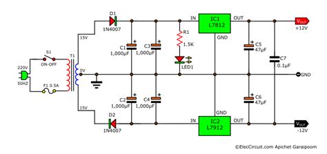 +/-12V Dual Power Supply using 7812, 7912 - ElecCircuit.com