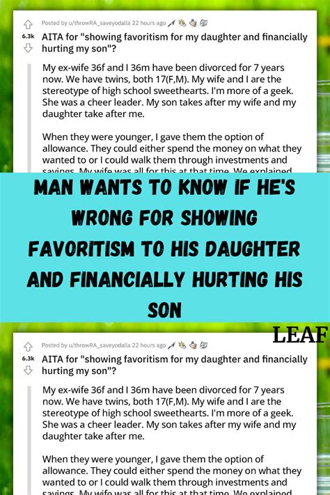 Man Wants To Know If He S Wrong For Showing Favoritism To His Daughter And Financially Hurting