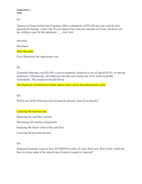 Assignment 1 TVM Multiple Choice And Long Answers Solutions Included