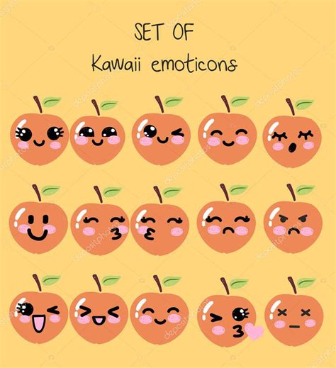 Conjunto vectorial de emoticonos kawaii melocotón lindo con caras con