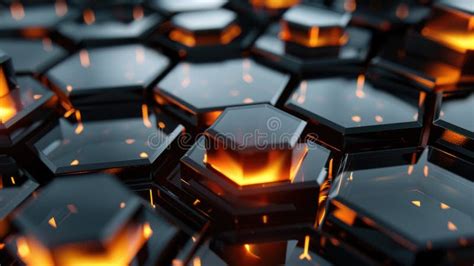 3D Rendering Of Glossy Black Hexagonal Tiles With Orange Glowing Edges