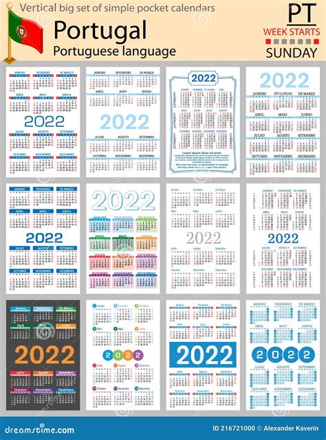 Portuguese Vertical Pocket Calendars For 2022. Week Starts Sunday