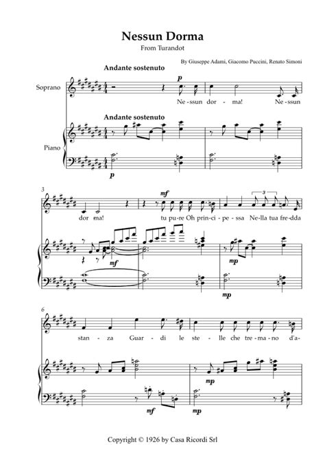 Nessun Dorma Soprano Piano Arr Karen Gueiros Sheet Music