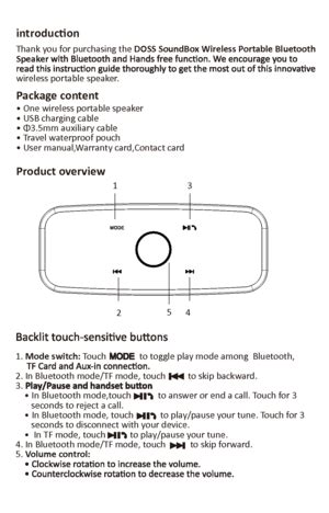 Doss Touch Wireless Bluetooth V4.0 Portable Speaker User Manual