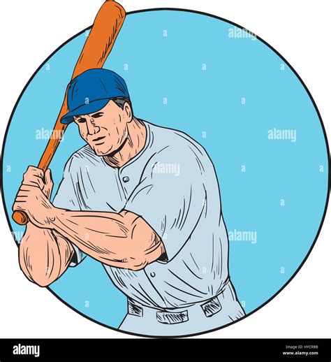 Drawing Sketch Style Illustration Of An American Baseball Player Batter