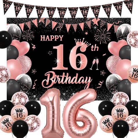 Fangleland 16th Birthday Decorations Girl Black And Rose Gold 16th