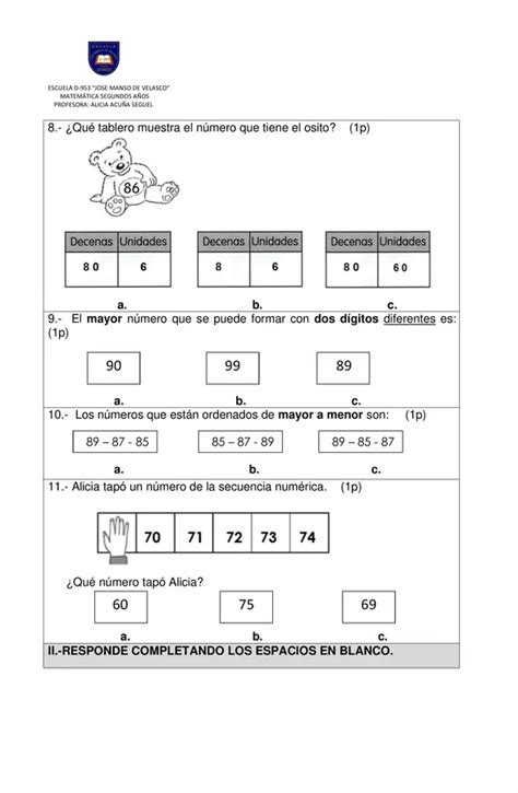 Evaluación de matemática Números hasta el 100 profe social