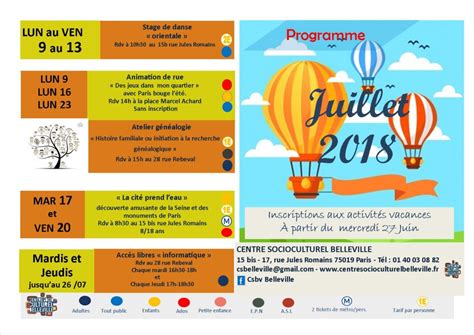 Programme Vacances De Juillet Centre Socioculturel Belleville