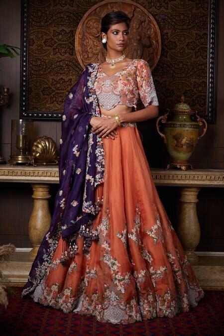 Buy Orange Organza Embroidery Thread Fleur And Dori Bridal Lehenga Set