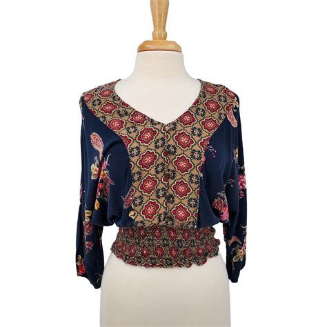 Gypsies Moondust Womens Boho Floral Paisley Print V Neck Top Blouse