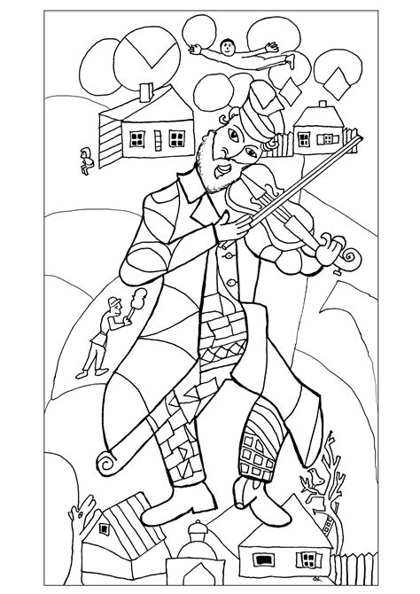 The Green Violinist By Marc Chagall Masterpieces Adult Coloring Pages