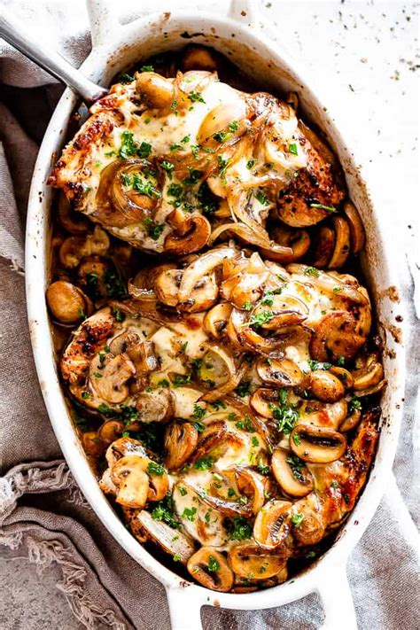 Easy Cheesy Baked Chicken Breasts With Mushrooms