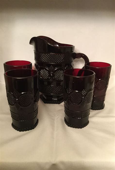 Vintage Avon Cape Cod Ruby Red Pitcher And Tumblers